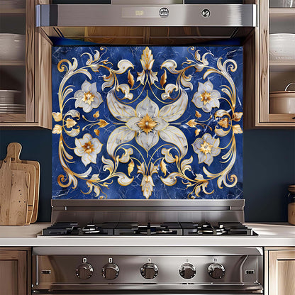 Decorative backsplash with floral pattern above a stove in a kitchen.