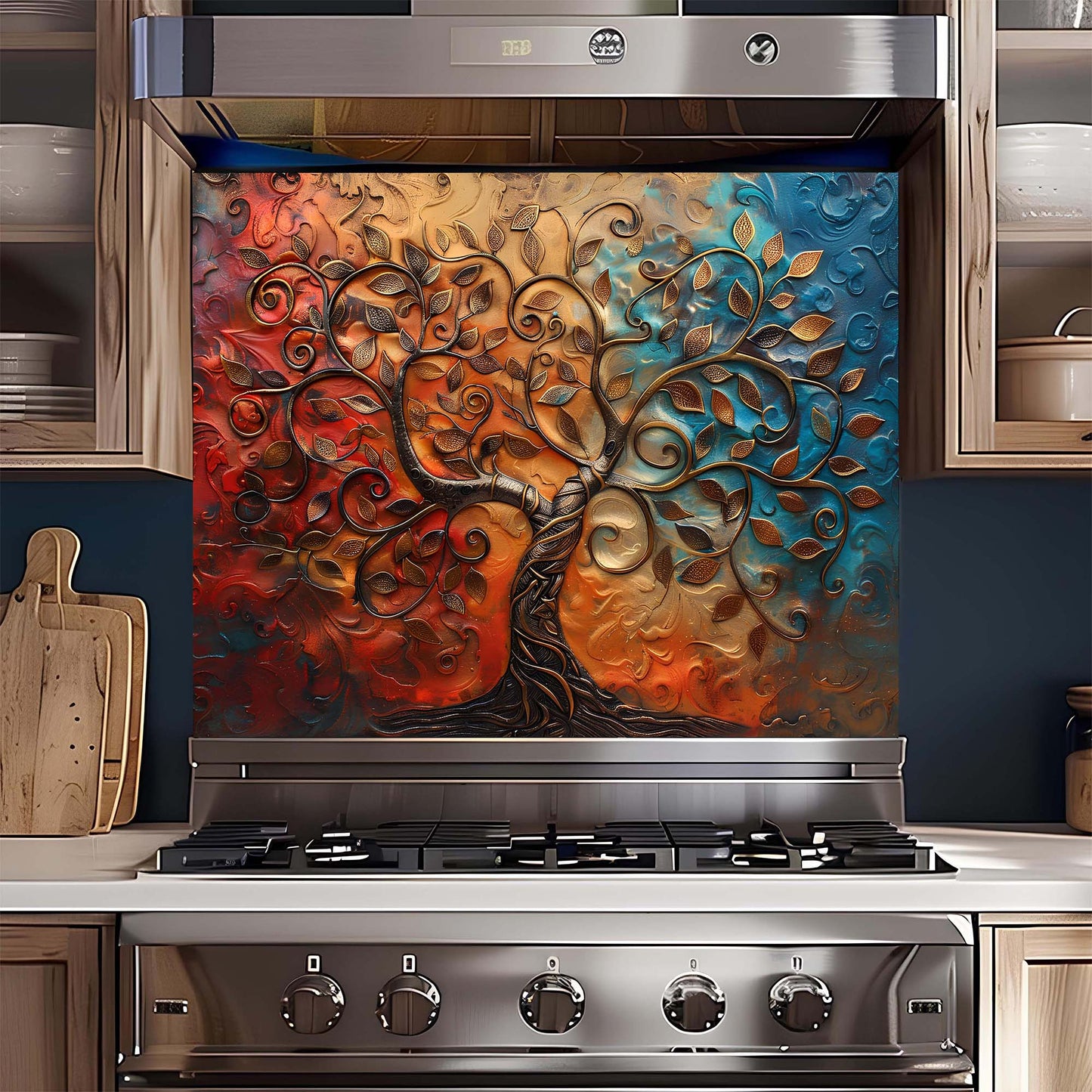 Stainless steel oven with decorative glass panel featuring a tree design in a kitchen setting.