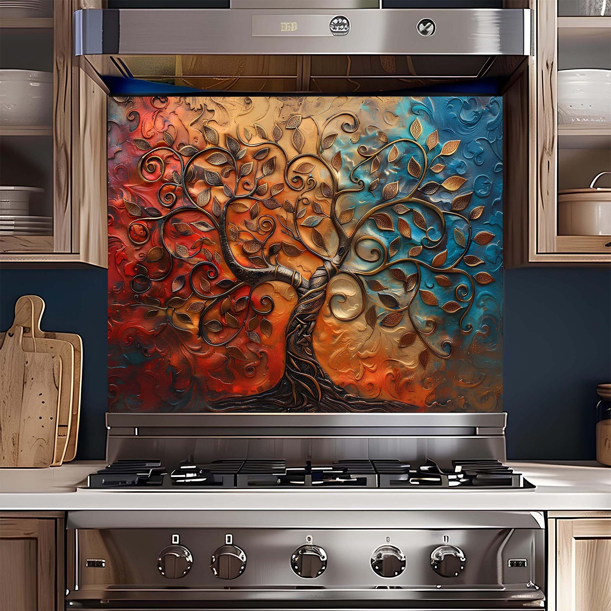 Stainless steel oven with decorative glass panel featuring a tree design in a kitchen setting.