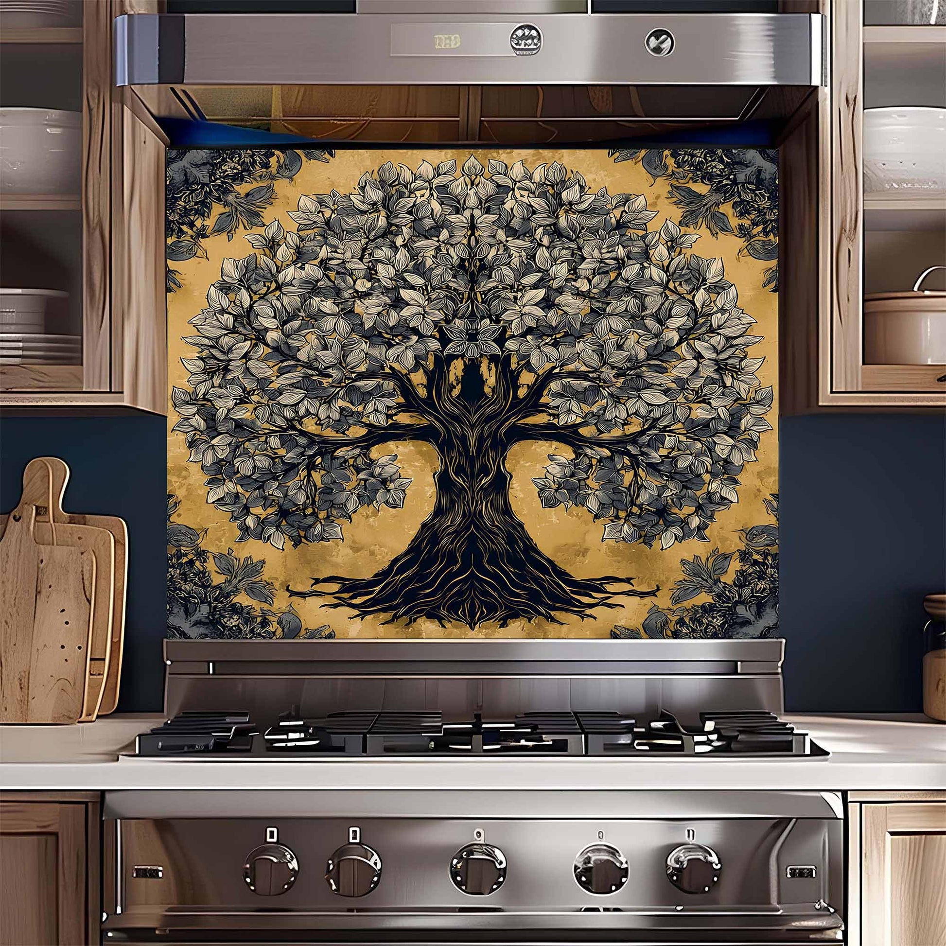 Stainless steel gas stove with decorative tree backsplash in a kitchen setting