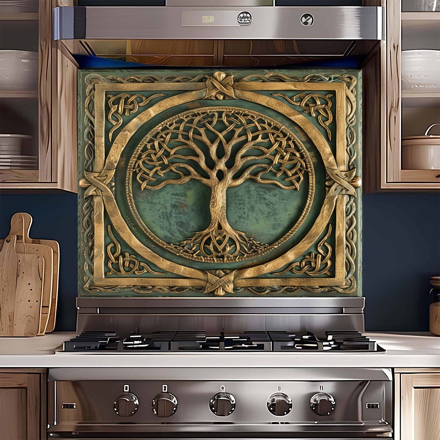 Decorative backsplash with tree design above a stove in a kitchen.