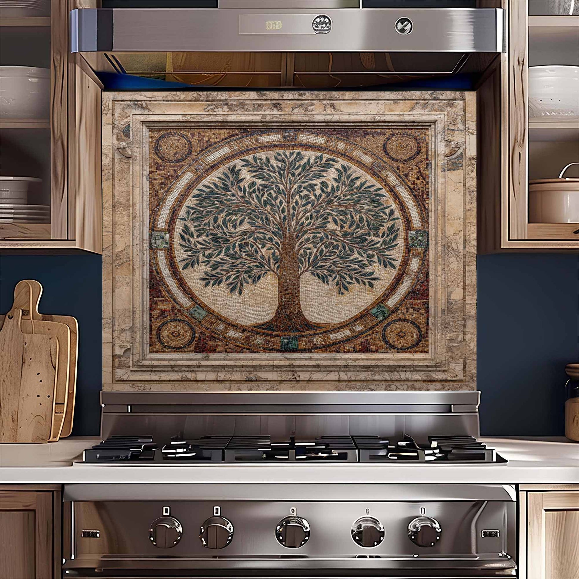 Stainless steel stove with decorative backsplash featuring a tree design in a kitchen setting.