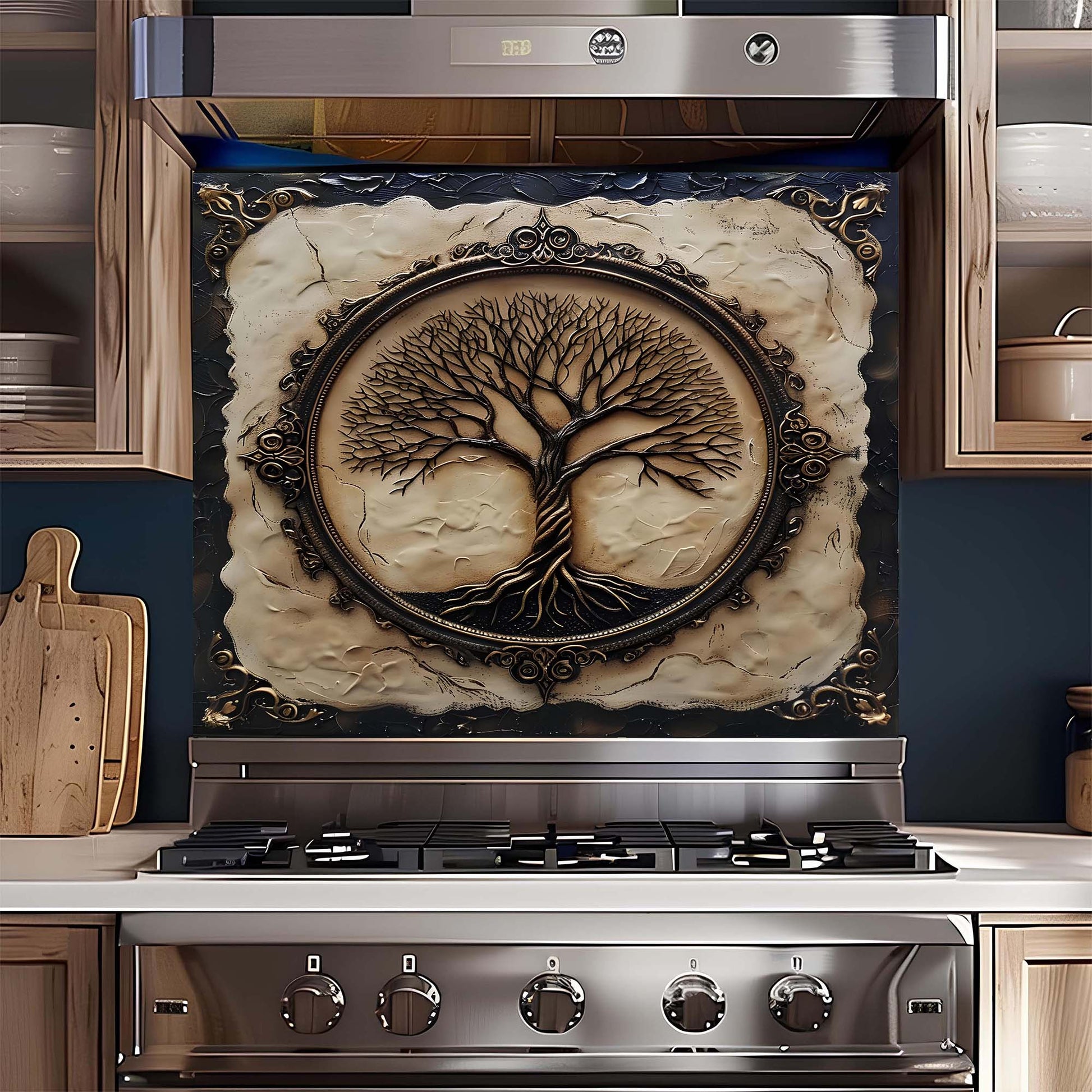 Stainless steel gas stove with decorative glass backsplash featuring a tree design in a kitchen setting.