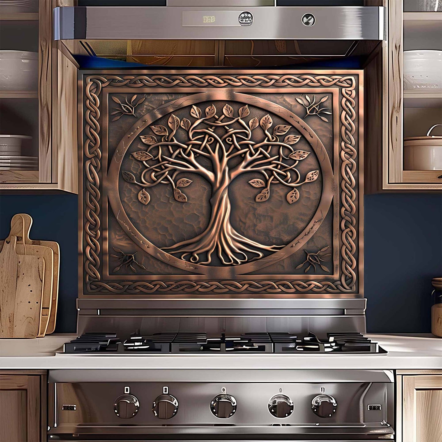 Stainless steel stove with decorative copper design glass backsplash featuring a tree design in a kitchen setting.
