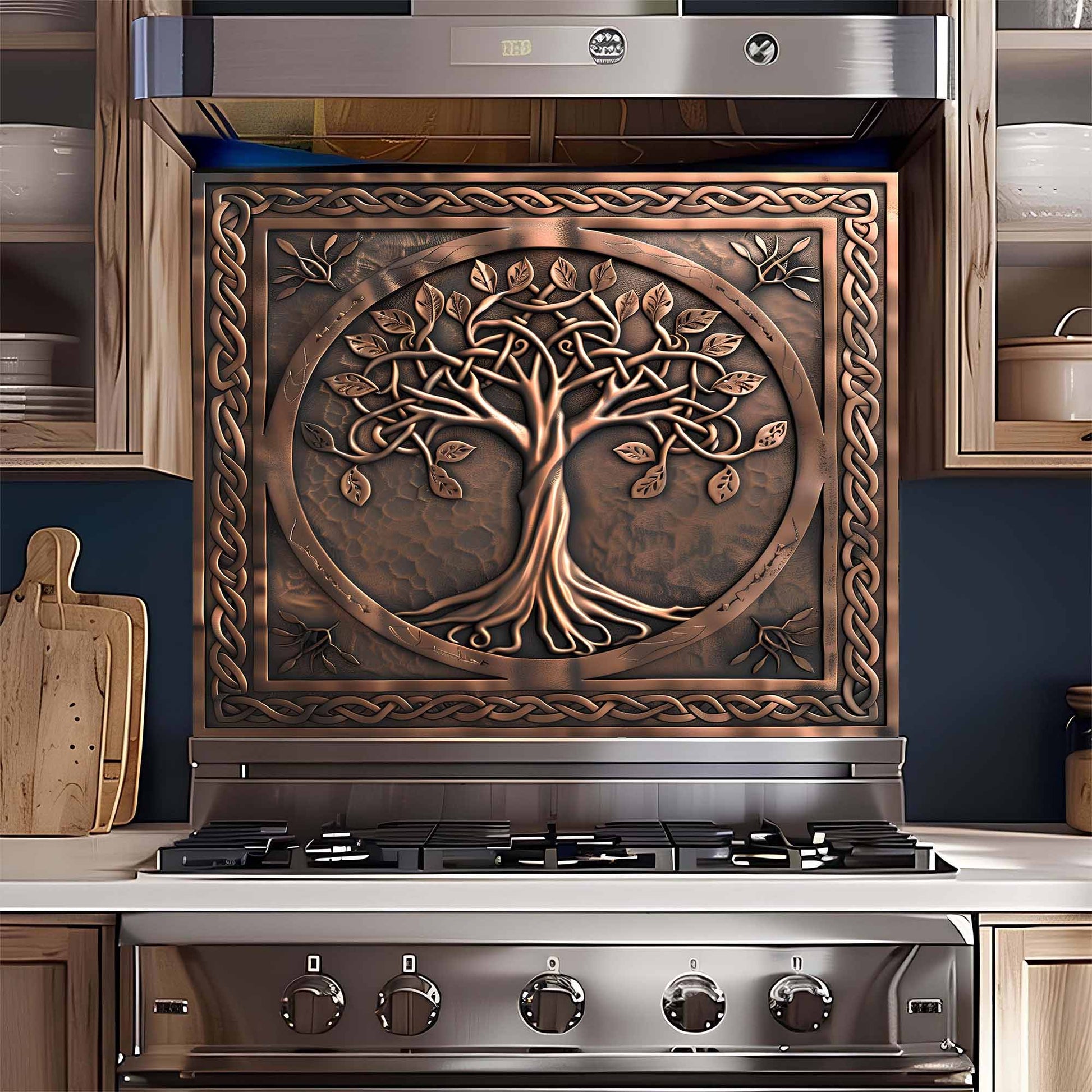 Stainless steel stove with decorative copper design glass backsplash featuring a tree design in a kitchen setting.