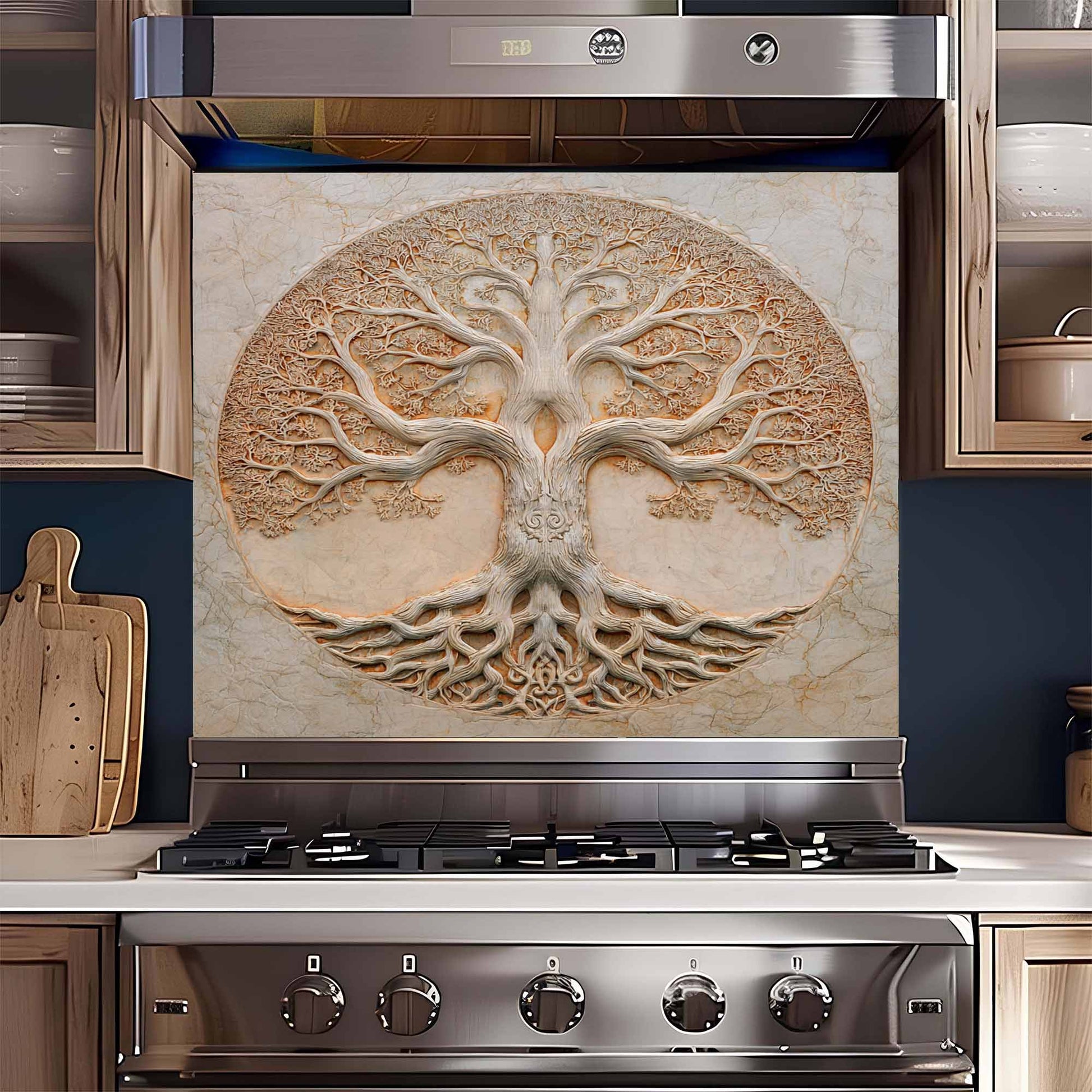 Stainless steel oven with decorative tree of life design backsplash on the back