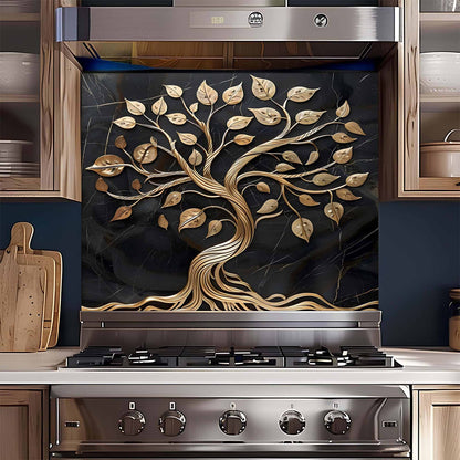 Stainless steel oven with decorative tree tempered glass backsplash in a kitchen setting