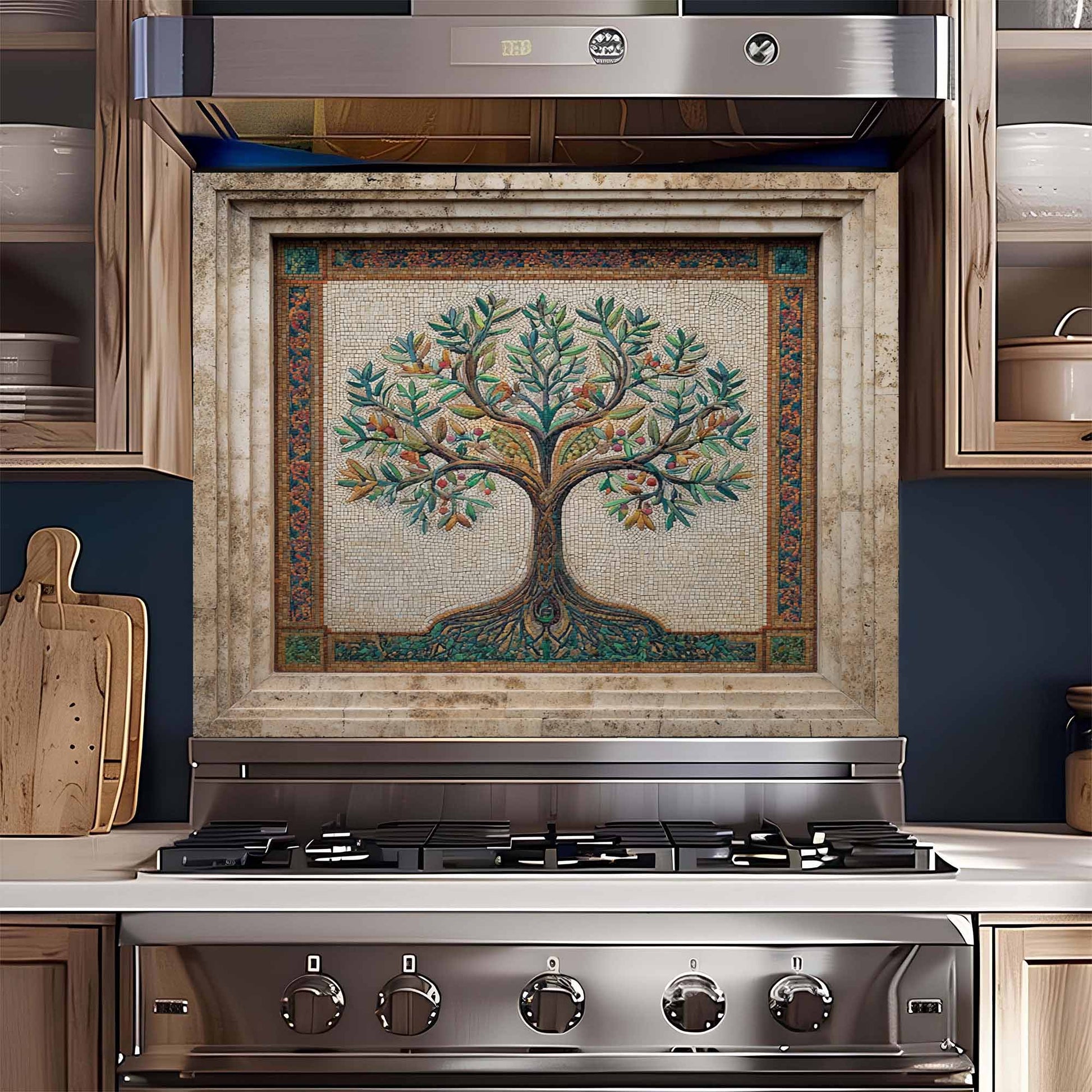 Stainless steel stove with decorative mosaic backsplash featuring a tree of life in a kitchen setting.