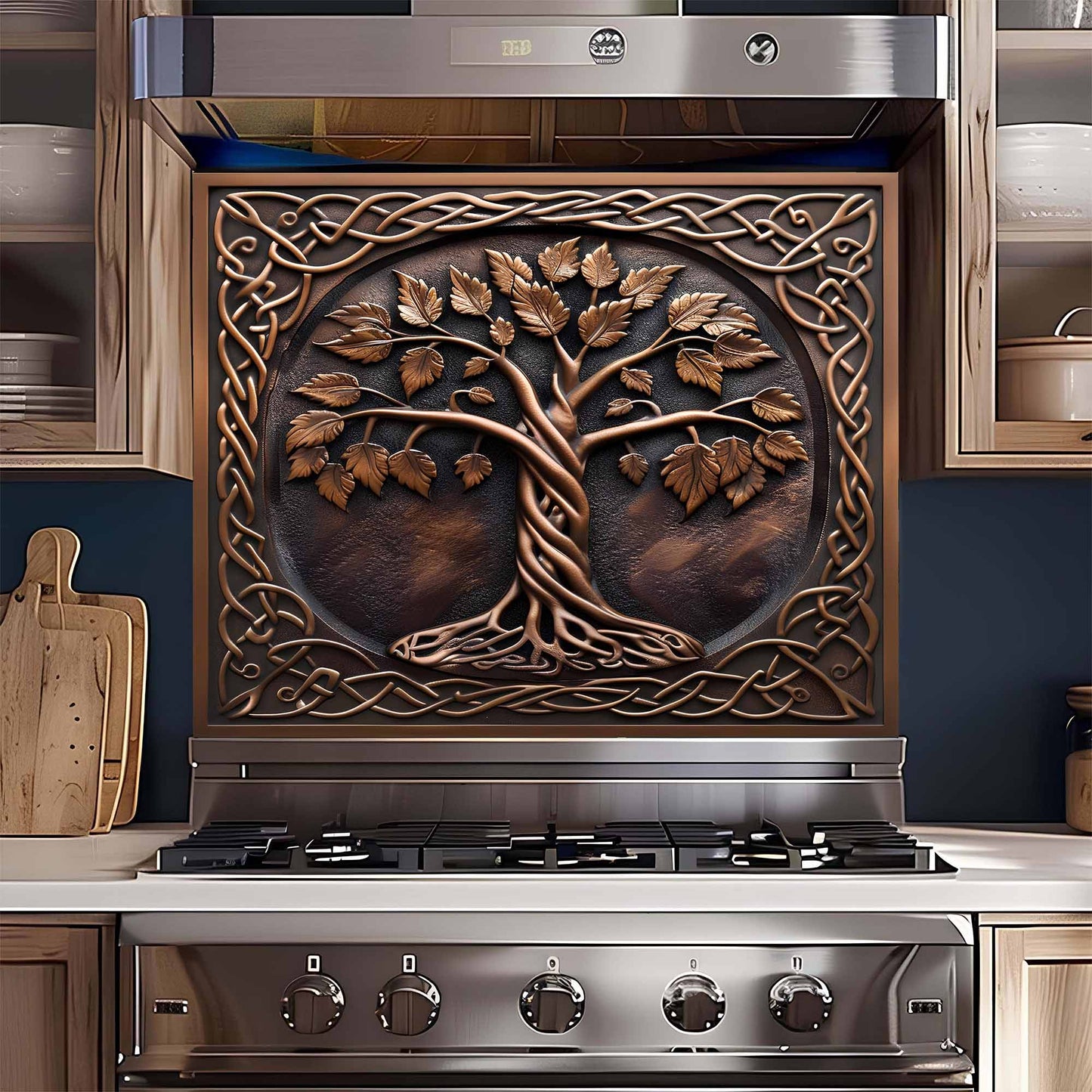 Stainless steel gas stove with decorative glass backsplash featuring a tree design.