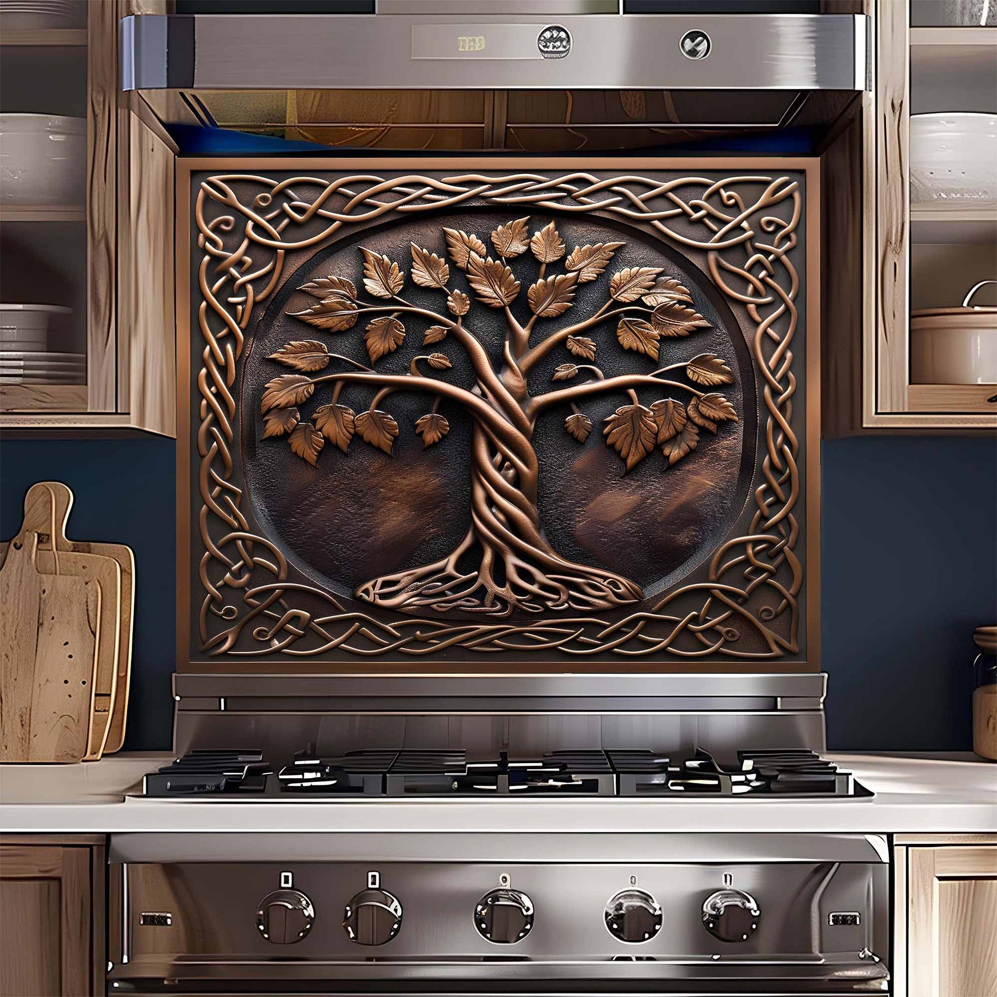Stainless steel gas stove with decorative glass backsplash featuring a tree design.