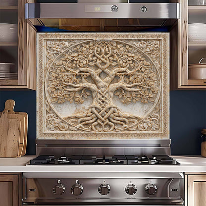 Stainless steel stove with decorative glass backsplash in a kitchen setting
