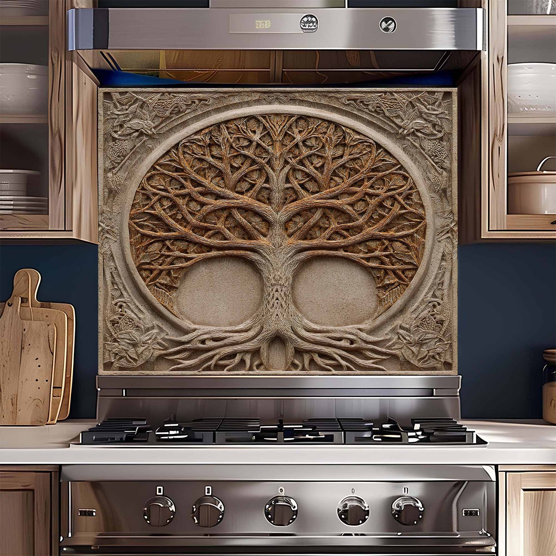 Stainless steel gas stove with decorative tree design on the back splash in a kitchen setting.