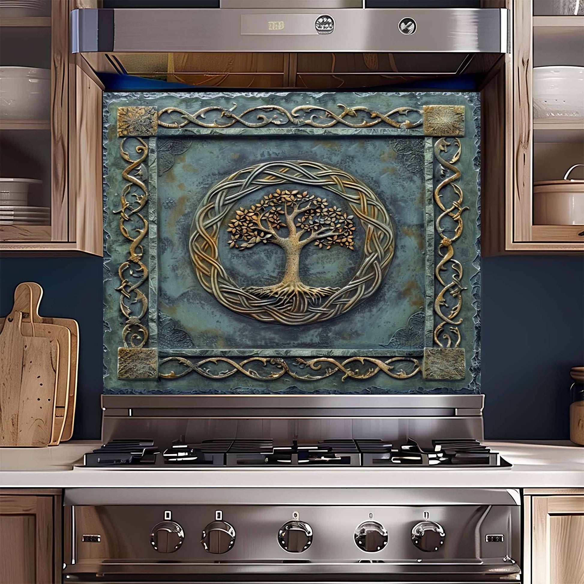 Decorative backsplash with tree design above a stove in a kitchen.