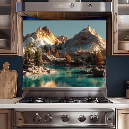 Stainless steel oven with mountain landscape design on the glass panel