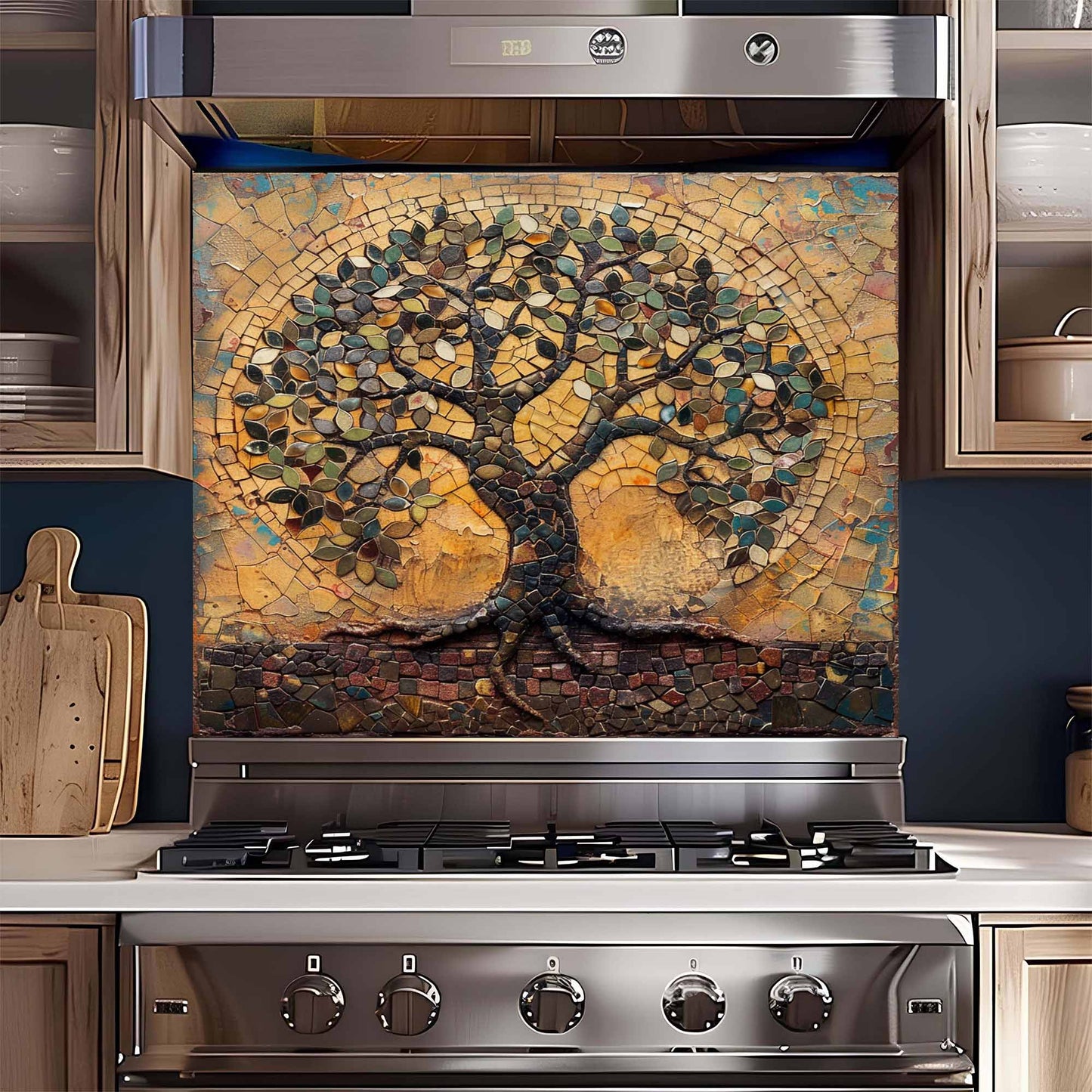 Stainless steel oven with a decorative mosaic glass backsplash featuring a tree design.