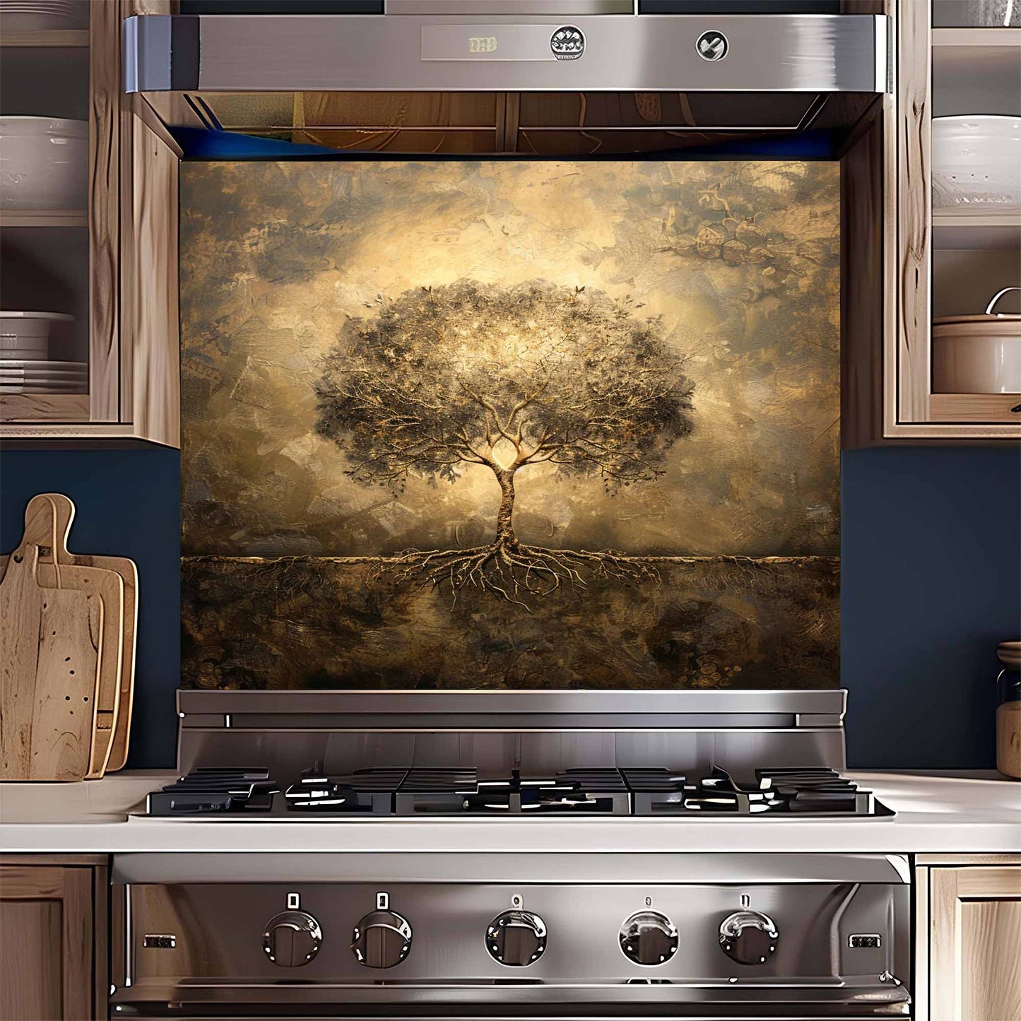 Stainless steel gas stove with decorative backsplash of a tree in a kitchen setting