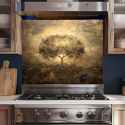 Stainless steel gas stove with decorative backsplash of a tree in a kitchen setting