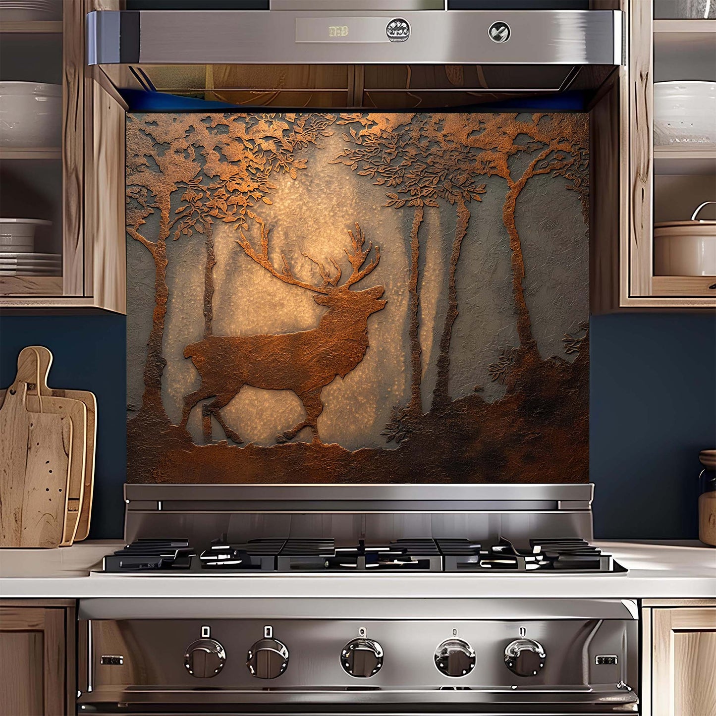 Stainless steel stove with decorative glass backsplash featuring a deer in a forest design.