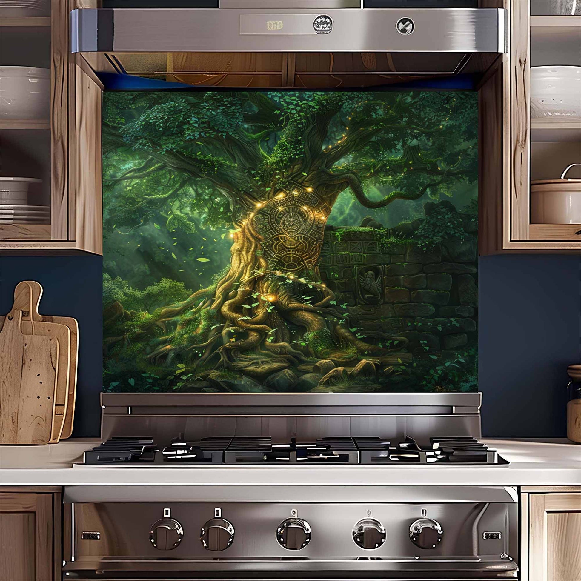 Stainless steel gas stove with a decorative backsplash featuring a tree and stone design.
