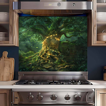 Stainless steel gas stove with a decorative backsplash featuring a tree and stone design.