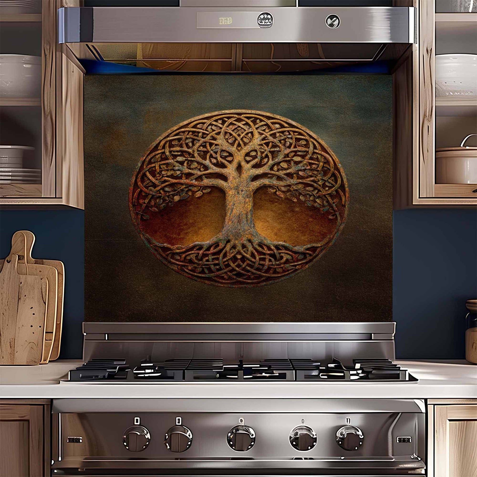 Stainless steel gas stove with decorative backsplash featuring a tree design in a kitchen setting.