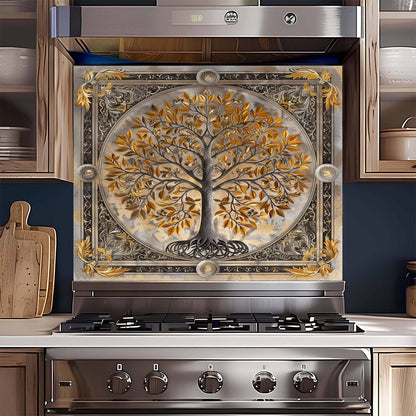 Stainless steel oven with decorative tree backsplash in a kitchen setting