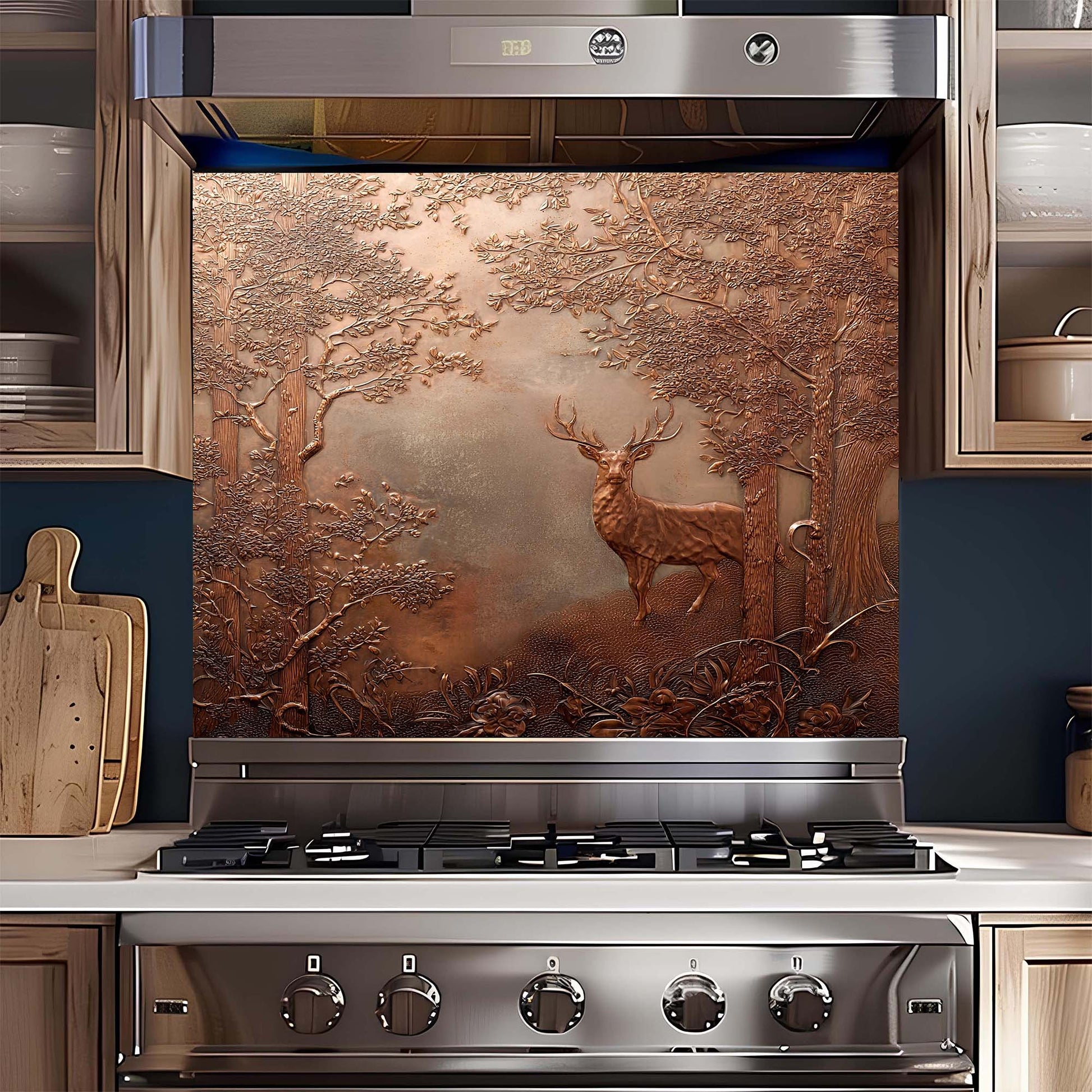 Stainless steel gas stove with decorative deer scene glass backsplash in a kitchen setting
