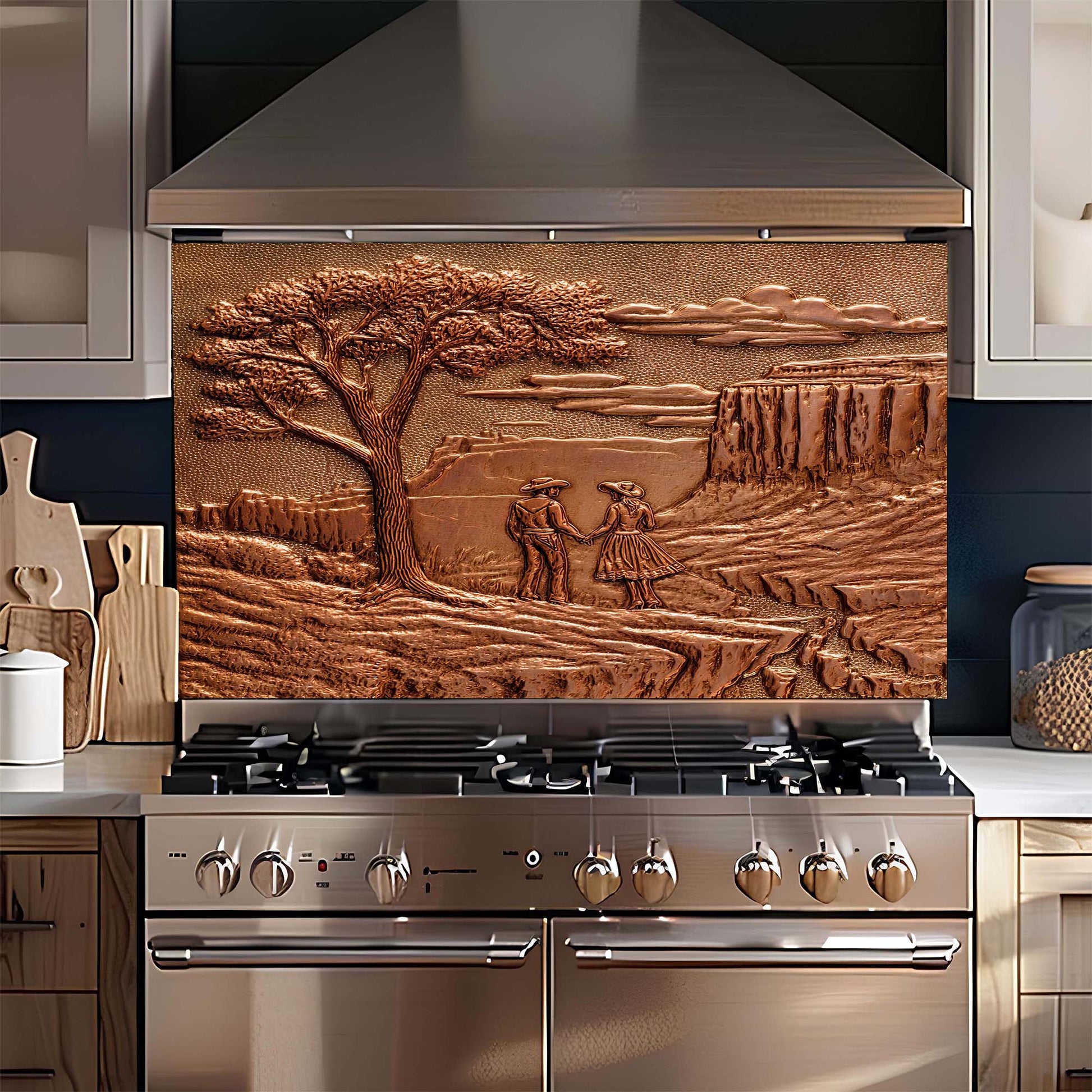 Stainless steel oven with decorative glass backsplash featuring a landscape scene.