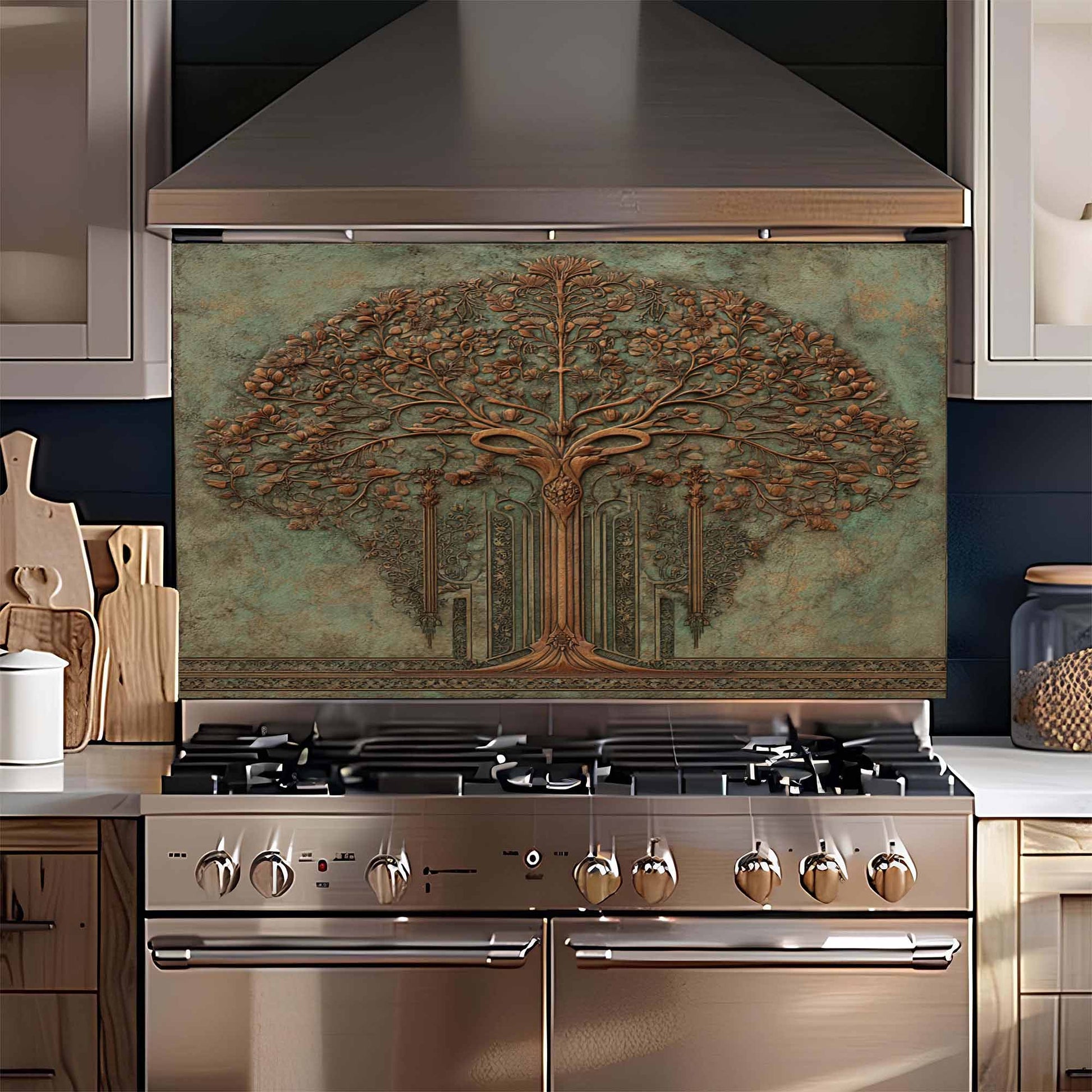 Stainless steel oven with decorative tree backsplash in a kitchen setting