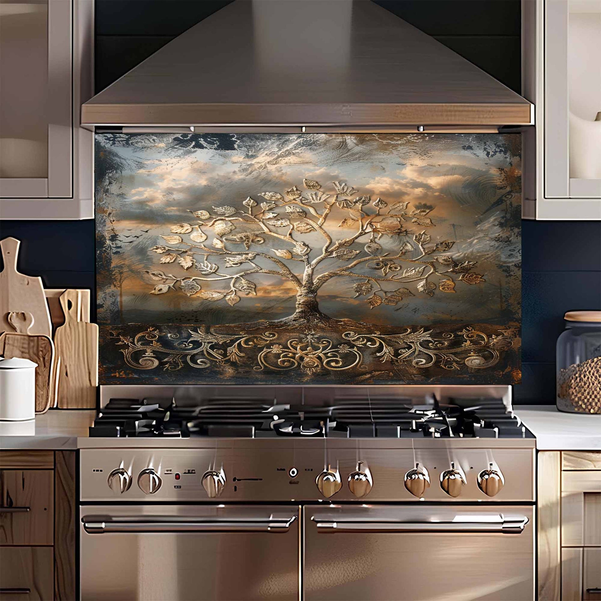 Stainless steel oven with artistic tree design on the back splash in a kitchen setting.
