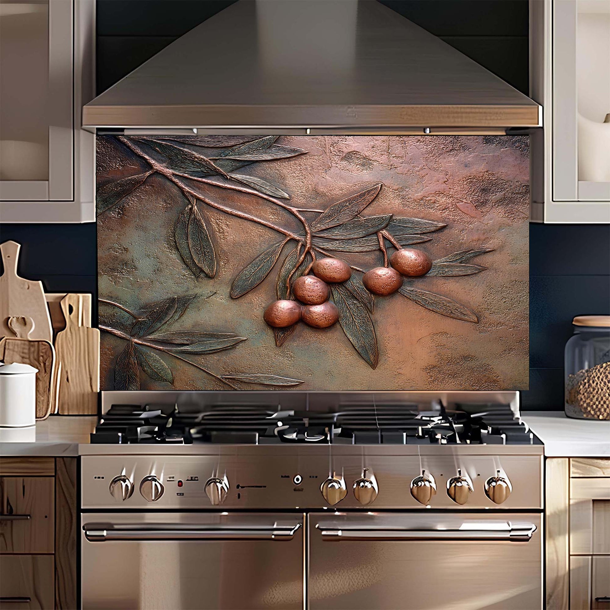 Stainless steel oven with decorative copper leaf and berry design backsplash in a kitchen setting