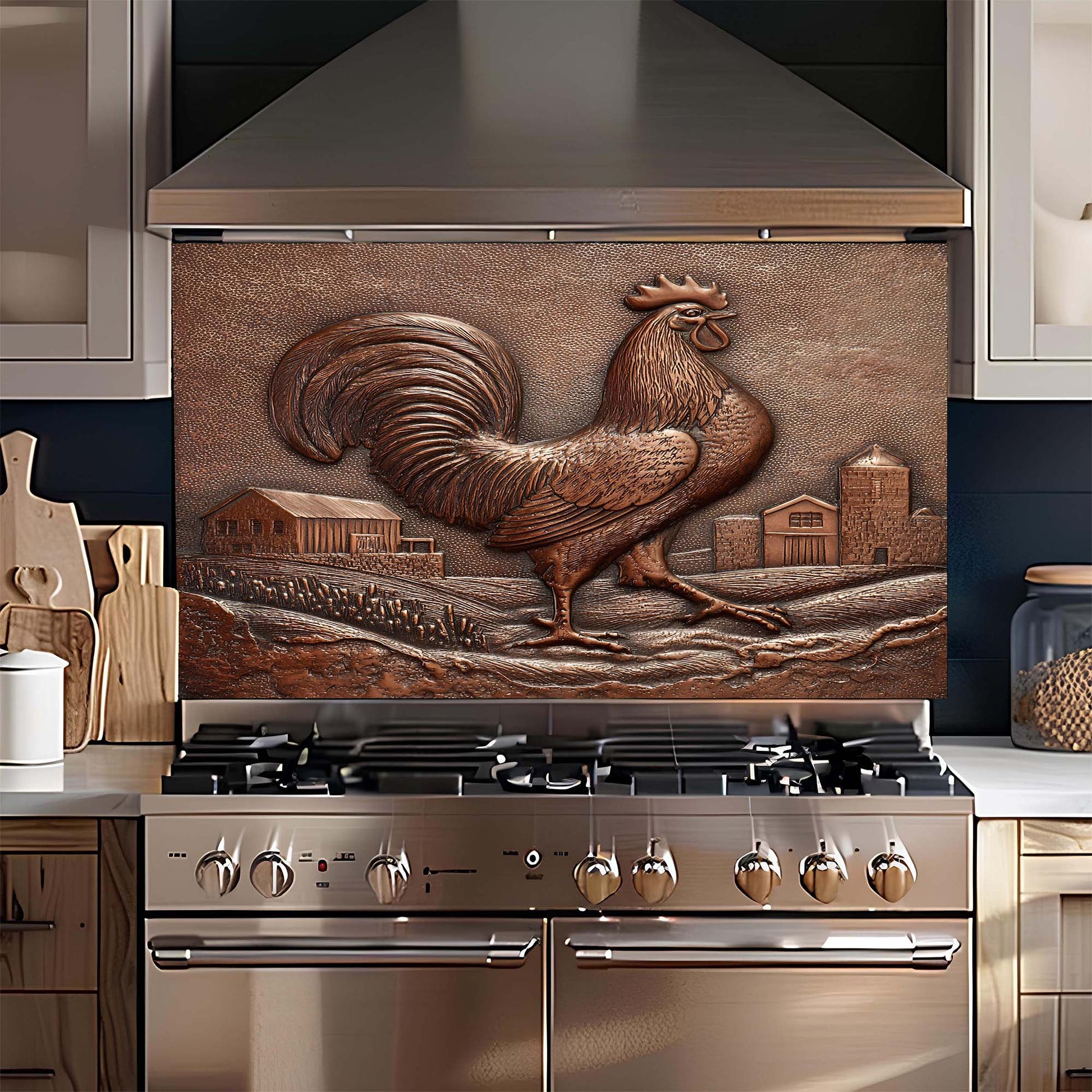 Stainless steel stove with decorative rooster design on the backsplash in a kitchen setting.