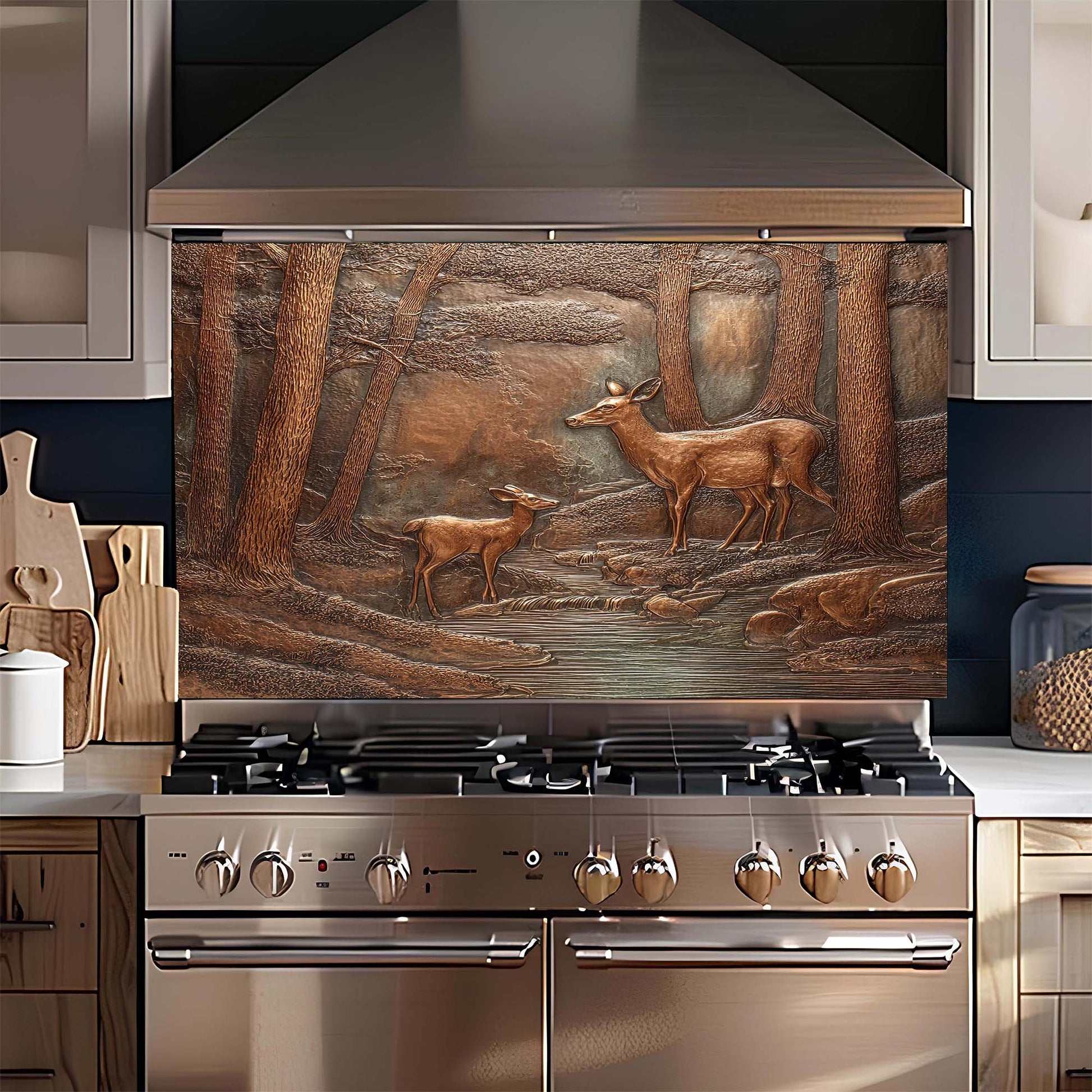 Stainless steel oven with deer glass backsplash in a kitchen setting