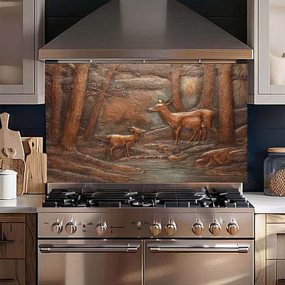 Stainless steel oven with deer glass backsplash in a kitchen setting
