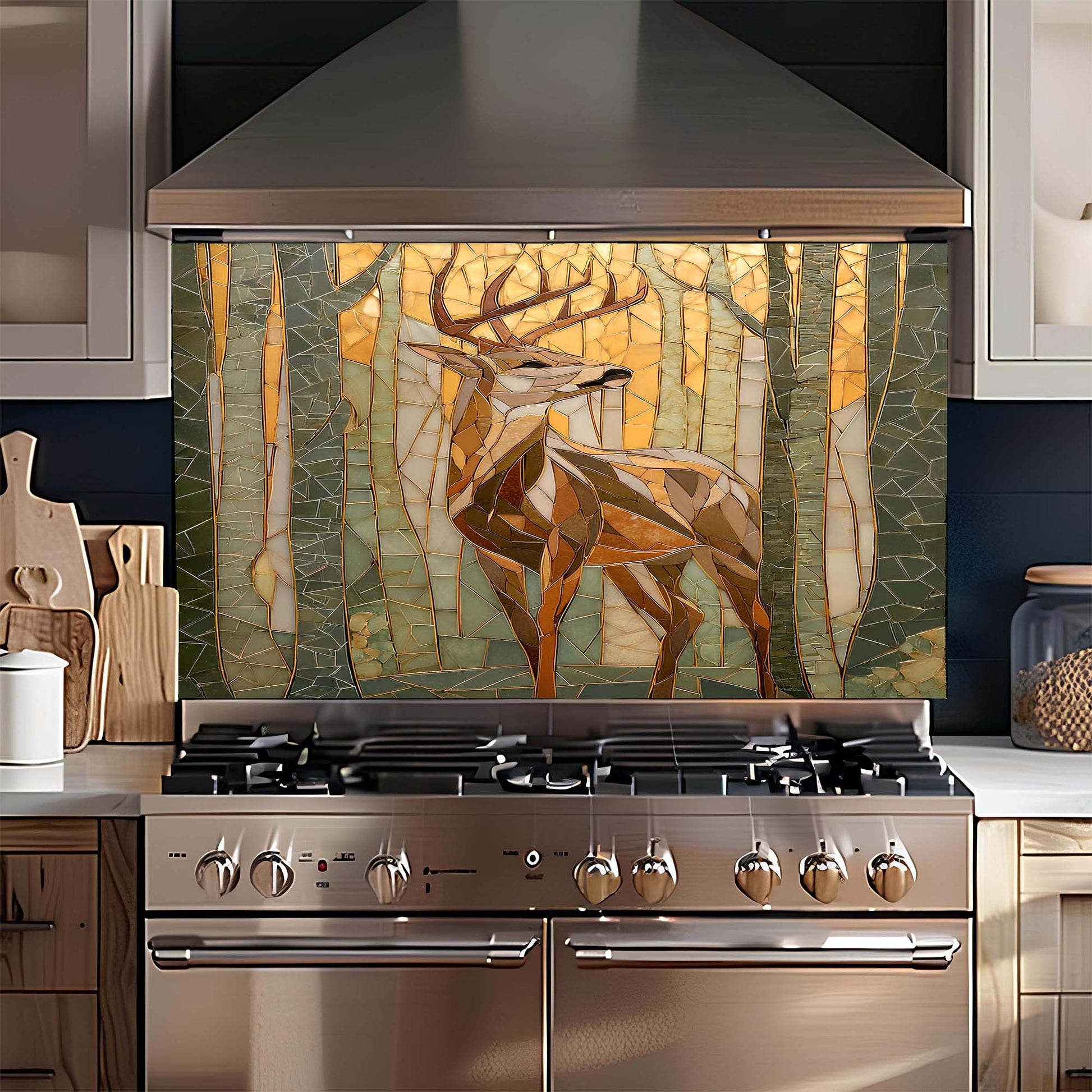 Stainless steel oven with a decorative glass backsplash featuring a deer in a forest design.
