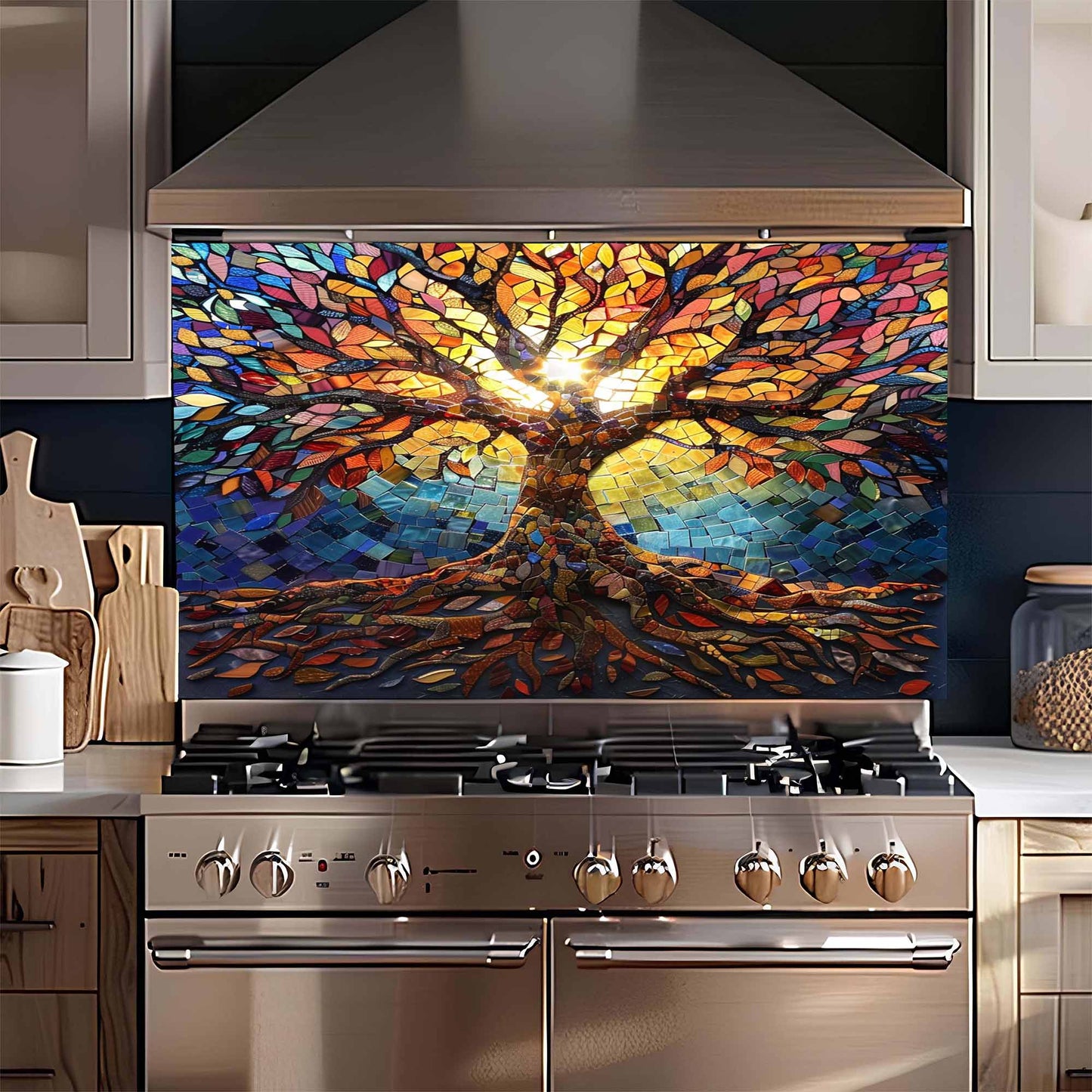 Stainless steel oven with a colorful tree mural on the back in a kitchen setting.
