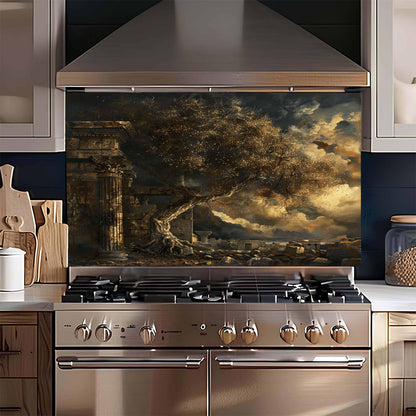 Stainless steel kitchen stove with artistic glass backsplash in a modern kitchen setting