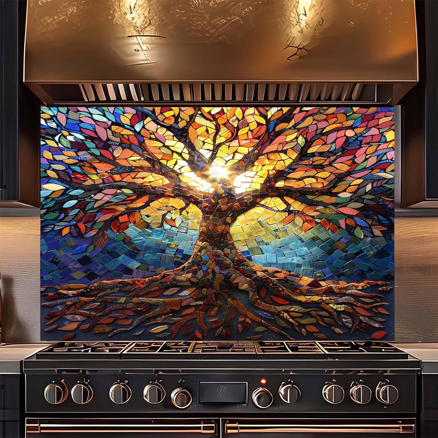 Colorful mosaic art on a kitchen backsplash above a stove.