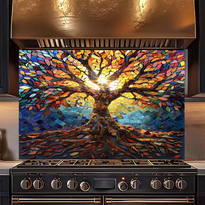 Colorful mosaic art on a kitchen backsplash above a stove.