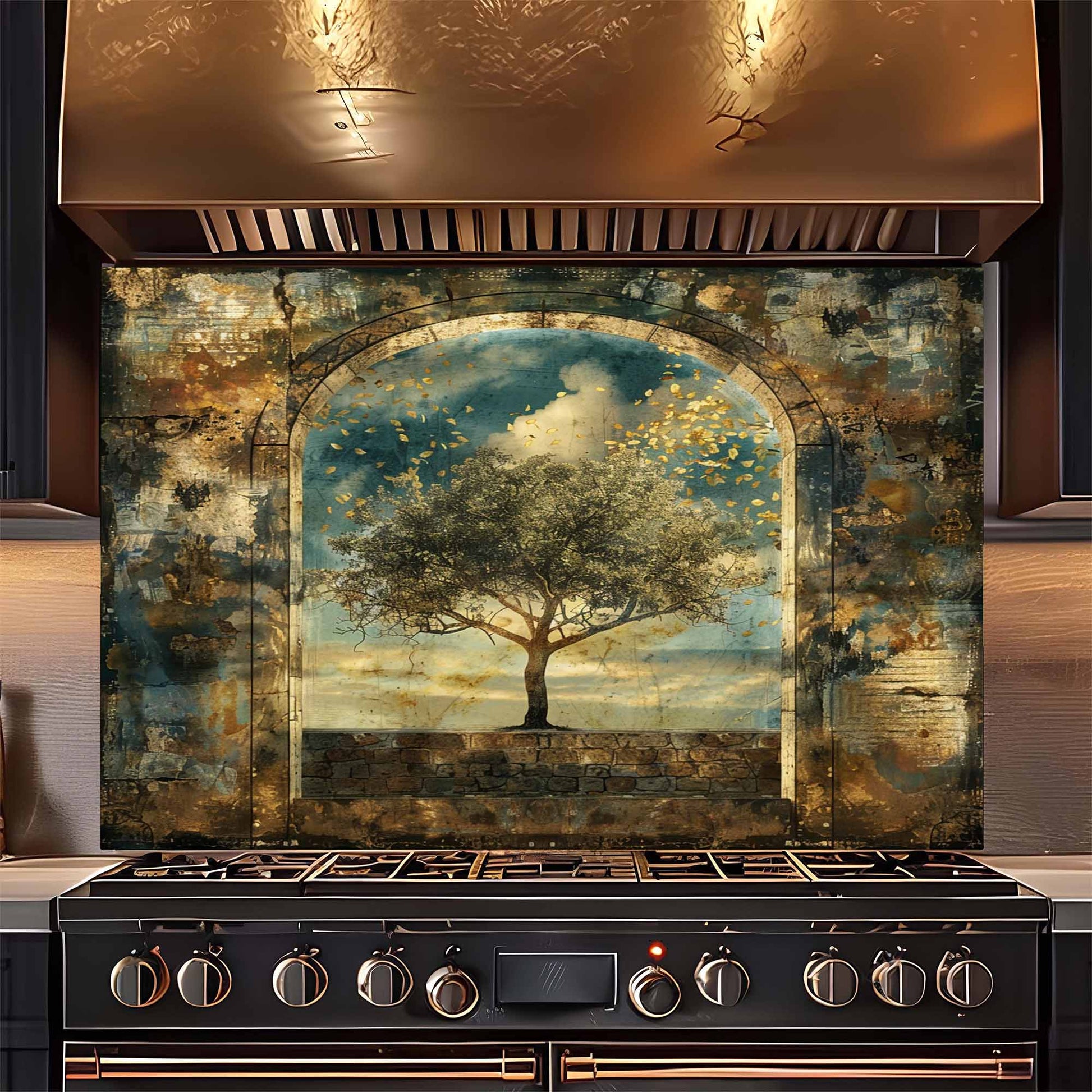 Decorative backsplash with a tree design above a stove in a kitchen.