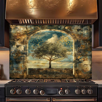 Decorative backsplash with a tree design above a stove in a kitchen.