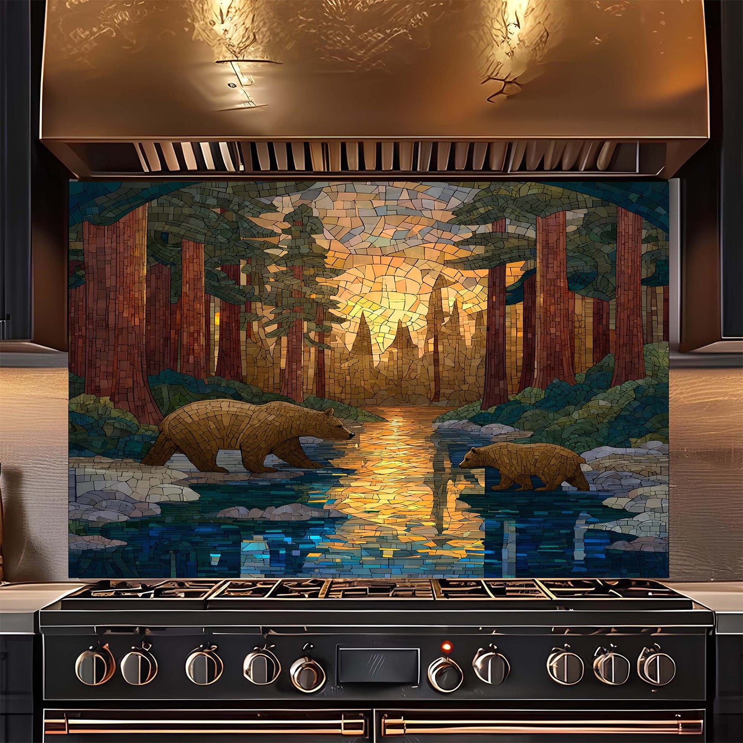 Stainless steel stove with a decorative forest scene glass backsplash