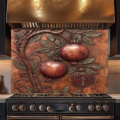 Decorative copper look glass backsplash with pomegranate design above a stove.