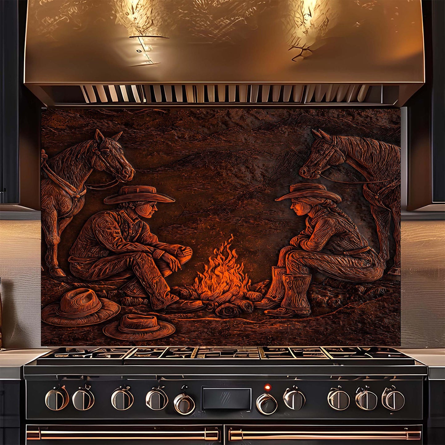 Stainless steel range hood with cowboy design glass backsplash on a stove