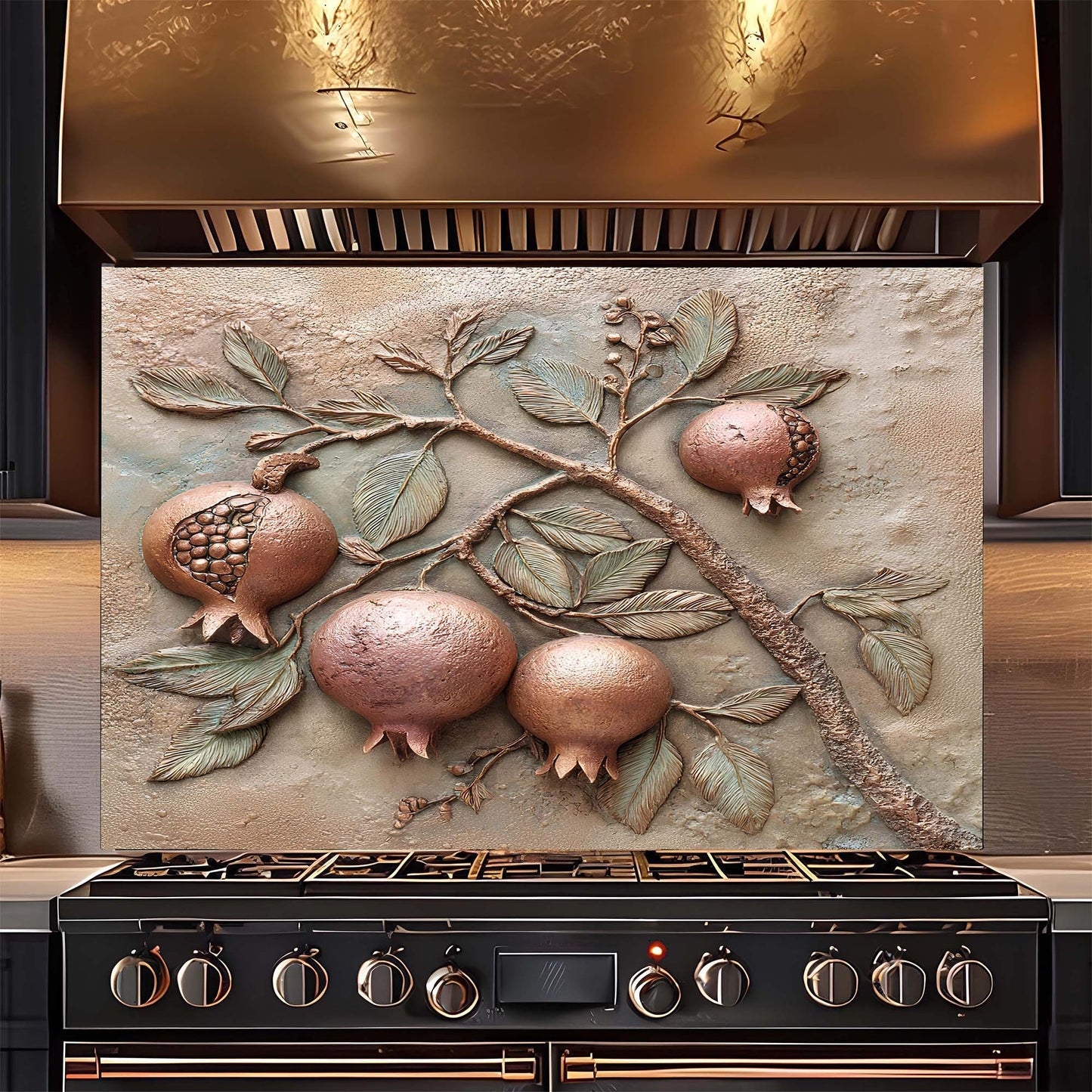 Decorative backsplash with pomegranate design above a stove