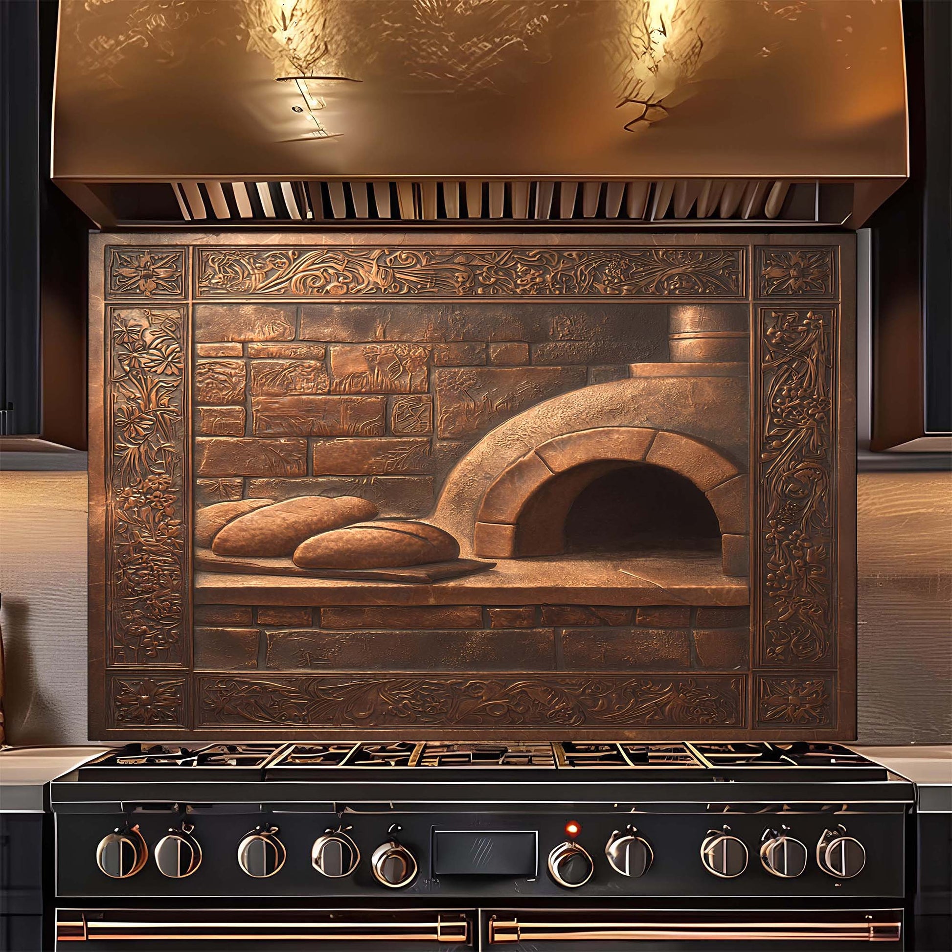 Decorative glass backsplash with a pizza oven design above a stove.