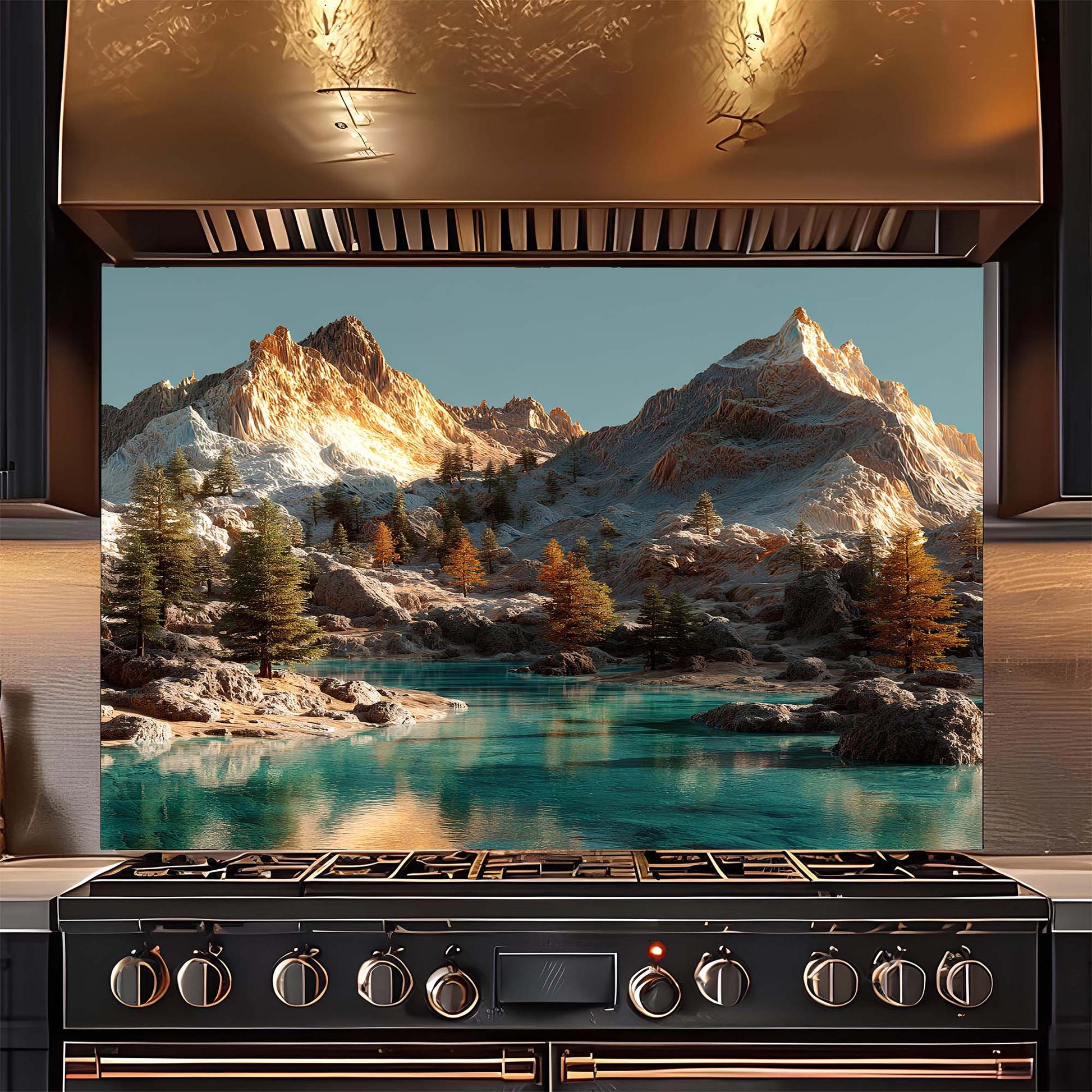 tempered glass backsplash with alphine view design