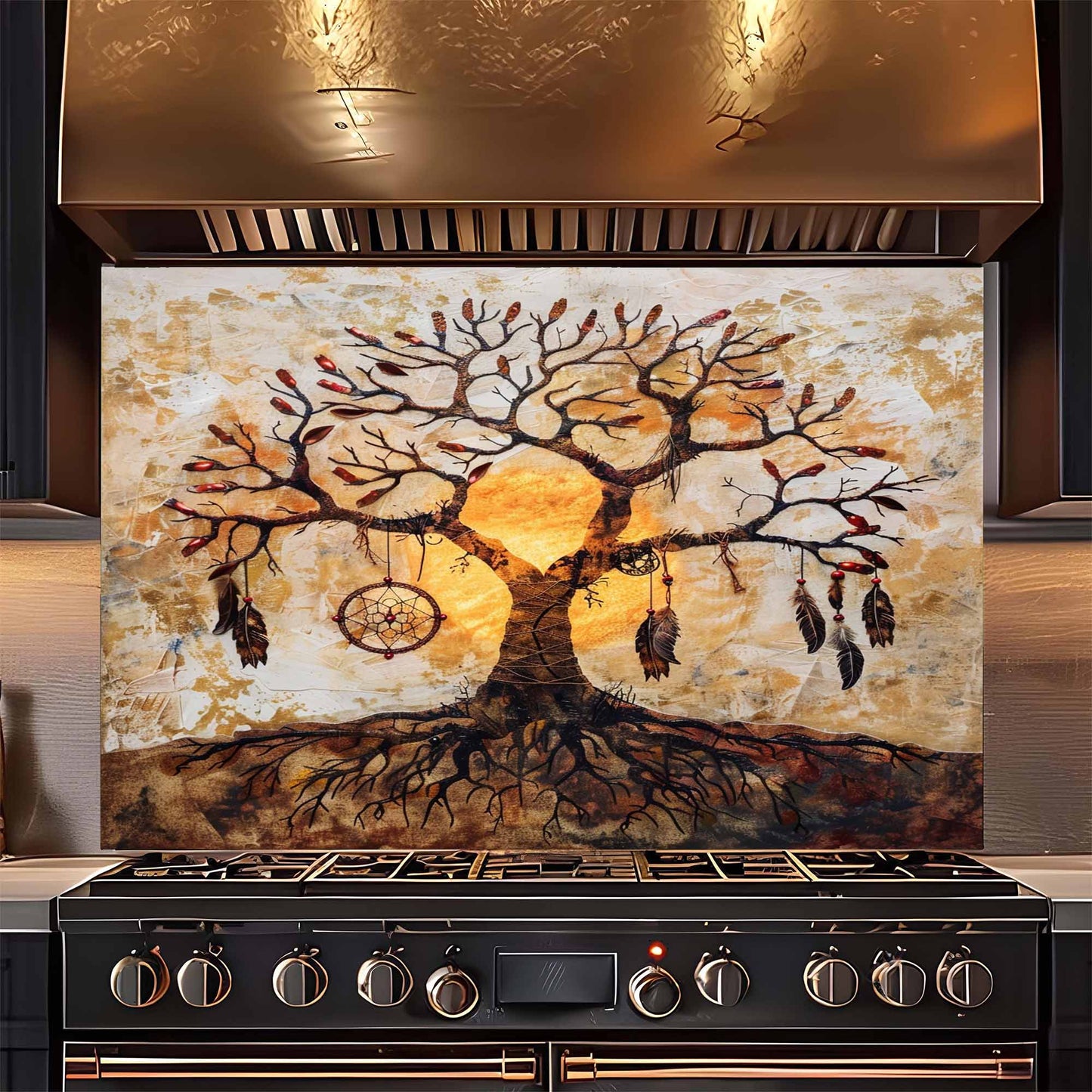 Glass Backsplash with a tree and dreamcatcher design above a stove.
