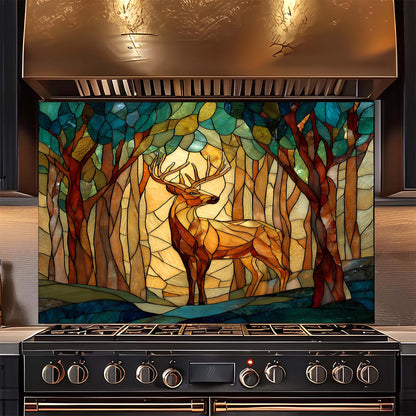 Stained glass deer backsplash on a kitchen backsplash above a stove.