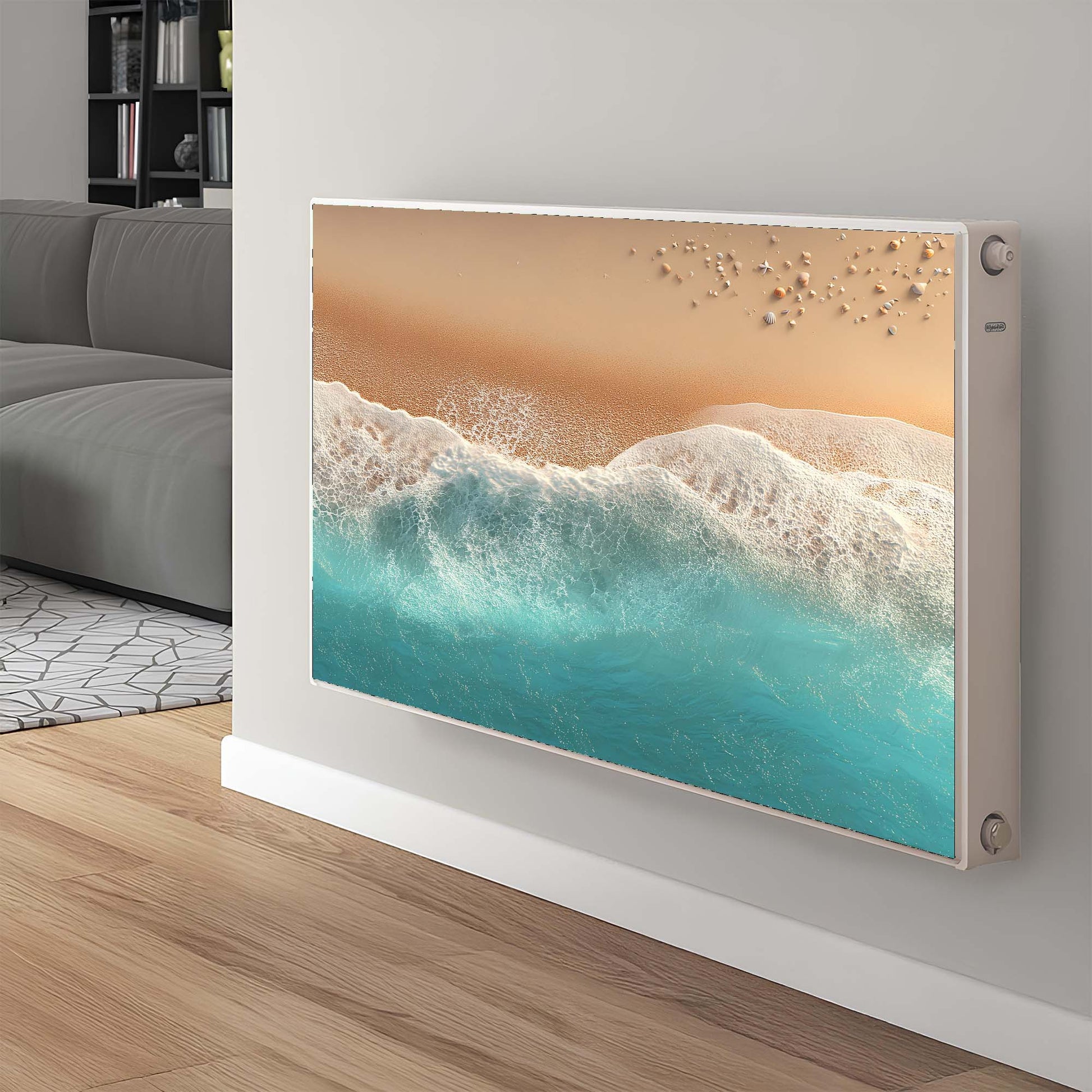 Magnetic radiator cover with beach scene display in a living room setting